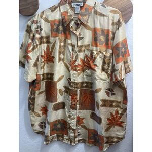 VTG Metro Express Tropical Hawaiian Orange Brown Botanical Large Silk Shirt